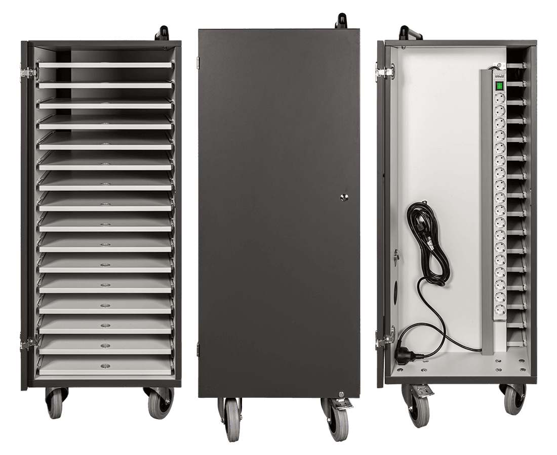 Notebookwagen basic cab 16 für Schulen in Anthrazit - Ansicht von vorne und hinten